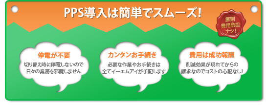 PPS導入はカンタンでスムーズ！ 原則費用負担ナシ！ - 停電が不要：切り替え時に停電しないので日々の業務を邪魔しません カンタンお手続き：必要な作業やお手続きは全てイーエムアイが手配します 費用は成功報酬：削減効果が現れてからの請求なのでコストの心配なし！